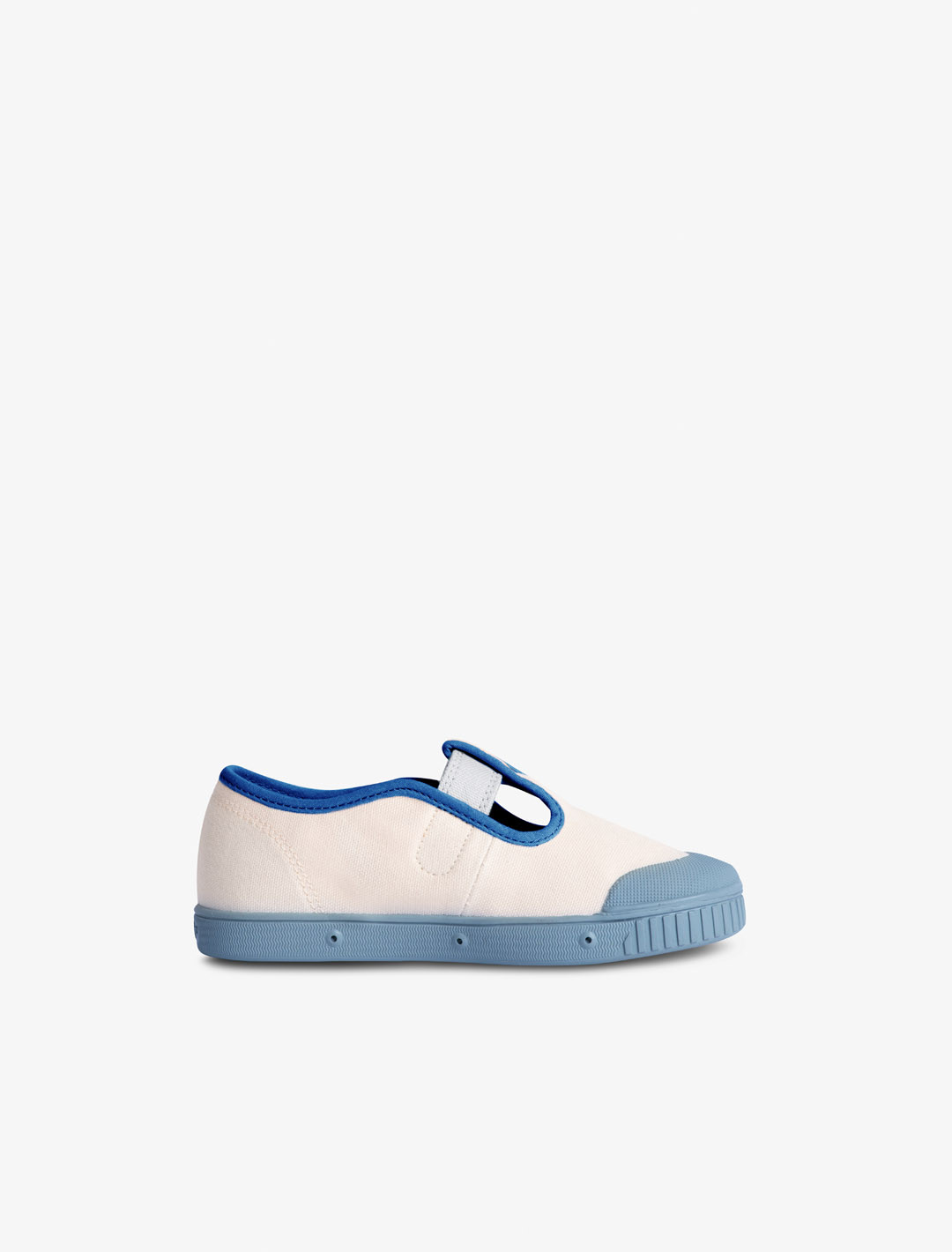 Chaussures enfant Spring Court J2 en coton écru et bleu – vue du côté intérieur