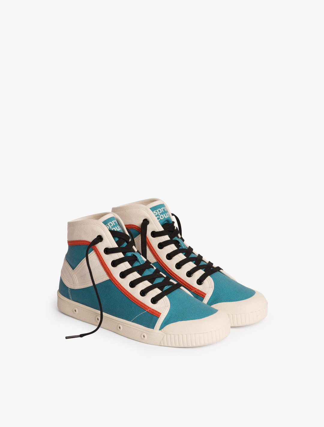 Spring Court S2 sneakers in ecru and blue cotton – three-quarter view