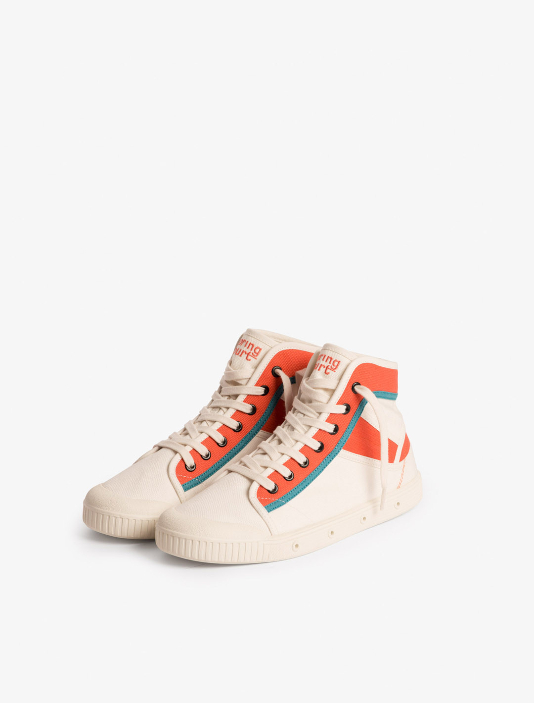 Spring Court S2 sneakers in ecru and orange cotton – three-quarter view